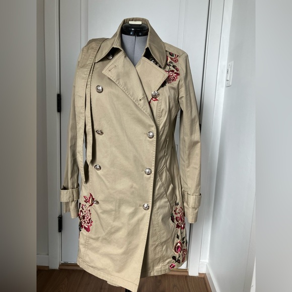 White House Black Market Jackets & Blazers - White House Black Market Beige Trench Coat with Red Embroidery